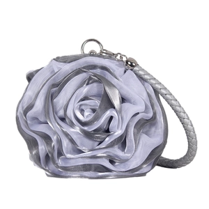 Elegant silver silk evening bag featuring a 3D rose flower design and braided handle