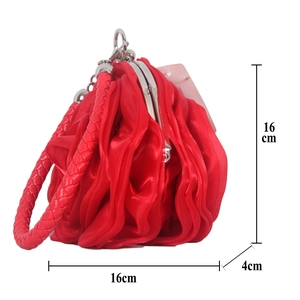 Detailed view of red satin rose evening bag with silver clasp and 16x16x4cm dimensions