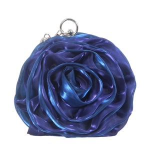 Elegant navy blue 3D rose satin evening handbag with silver metallic top handle