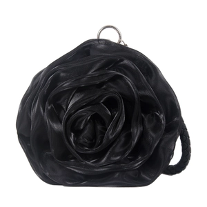 Elegant 3D black rose satin handbag with a metal ring and woven strap for women