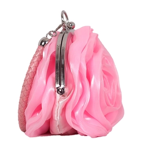 Detail view of pink silk evening bag with 3D rose petals and silver metal clasp lock