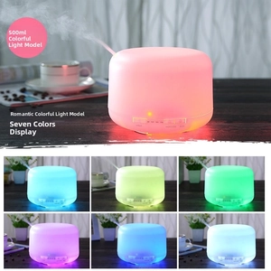 Detailed view of the 500ml ultrasonic humidifier showing 7-color RGB light modes and timer settings