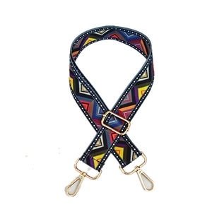 Adjustable colorful geometric patterned shoulder strap with gold metal swivel hooks