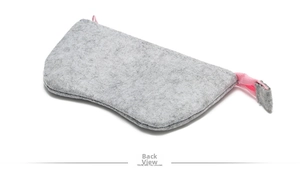 Detail view of the back of a grey felt glasses case with pink zipper and lanyard loop