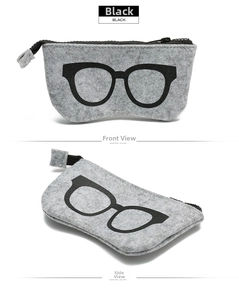 Front and side view of grey felt glasses case with black frame pattern and zipper closure