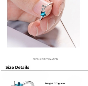 Macro detail of silver star ring with blue gemstone and dimensions showing 7mm width
