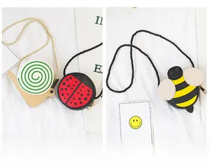 Detailed close-up of cute snail, ladybug and bee shaped crossbody bags for children