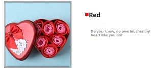 Detail of 6-piece rose soap flowers in heart-shaped red metal box with ribbon bow and tag