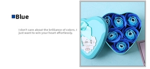 Blue heart-shaped gift box with six soap flower roses and elegant ribbon detail