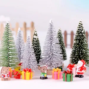 Miniature Christmas pine tree set with Santa Claus and gift box figurines for DIY decor