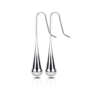 Polished silver stainless steel water drop earrings with hook design on white background