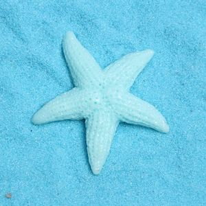Detailed view of light blue resin starfish charm on blue sand for DIY crafts