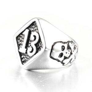 Gothic silver stainless steel ring featuring number 13 and skull relief on both sides