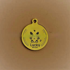 Detail of yellow round stainless steel pet ID tag with custom cat icon and Lucky engraving