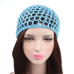 Detailed view of a sky blue crochet hair net with open mesh design on a mannequin