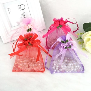 Organza Gift Bags Drawstring Ribbon Rose Flower Jewelry Packaging Wedding Candy Transparent Mesh Pouches