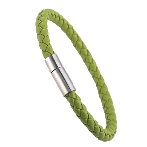 Braided green PU leather bracelet with polished silver magnetic clasp on white background