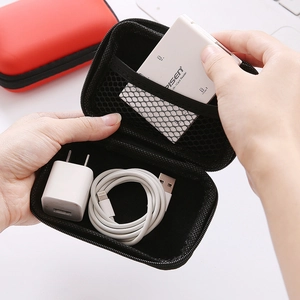 Portable black EVA hard shell organizer bag for cables and power adapters with mesh pocket