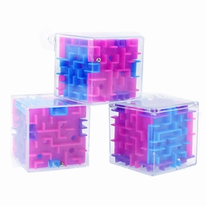 Three 3D puzzle cube mazes with pink and blue internal tracks on a white background
