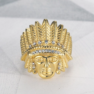 Men's hip hop gold plated stainless steel ring with Indian chief head and rhinestones