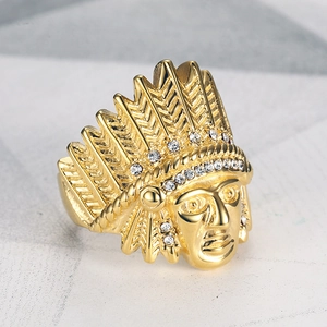 Hip hop gold plated stainless steel Indian chief ring with sparkling rhinestones for men