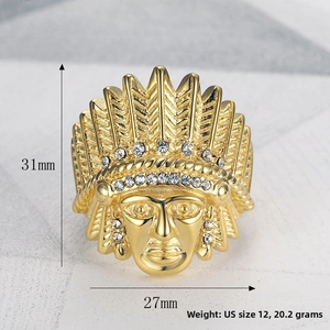 Detailed size chart for gold Indian chief ring with cubic zirconia stones 31mm by 27mm