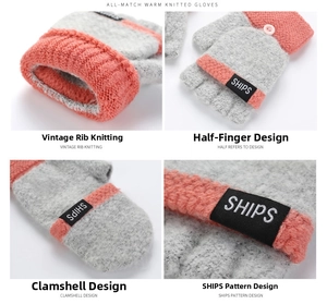 Détail de gants tricotés gris et rose avec texture côtelée et rabat boutonné pratique