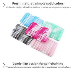Detail view of silicone soap holders with combs for efficient drainage in five colors