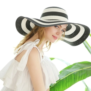 Women's summer wide brim straw hat with classic black and white stripes for sun protection