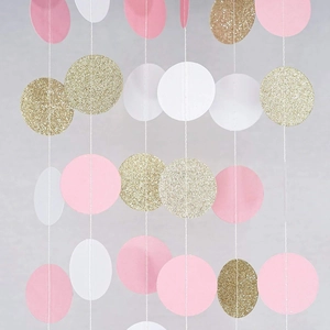 Detail of pink, white, and gold glitter paper circle garland for party backdrop decor