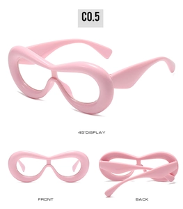 Three-angle display of oversized matte pink thick frame glasses with 45-degree view