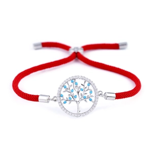 Bracciale corda rossa portafortuna con albero della vita in zirconi e perline blu
