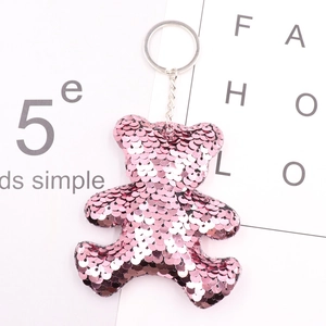 Detail of pink sequin bear keychain with reflective metallic finish and silver ring