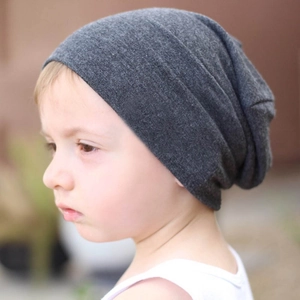 Children's dark gray cotton knitted beanie hat for boys and girls in autumn and winter
