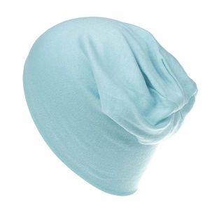 Detailed texture of light blue cotton slouchy beanie for kids with soft knit patterns