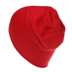 Detailed view of the soft red cotton knit slouchy beanie for boys and girls