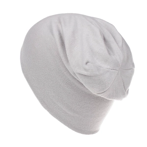 Detailed texture of light grey jersey knit cotton slouchy beanie hat for kids