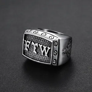 Men's retro stainless steel biker ring with FTW lettering and side anchor relief