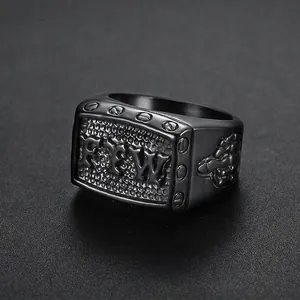 Men's industrial black stainless steel ring featuring FTW relief and screw details