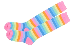 Detail of colorful rainbow striped cotton knee-high socks with pink toe and heel accents