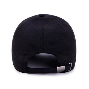 Minimalist black baseball cap back view featuring adjustable silver metal buckle strap