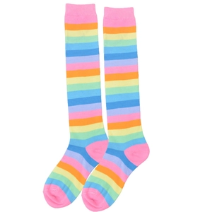 Rainbow striped mid-calf cotton socks with pink toe and heel on white background