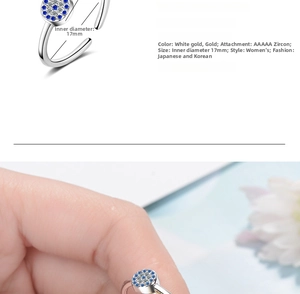 Detailed view of Turkish Evil Eye ring with blue zircons and 17mm adjustable inner diameter