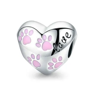 S925 sterling silver heart charm with pink enamel paw prints and Love engraving