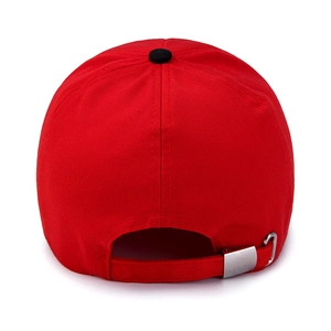 Adjustable red cotton baseball cap with black top button and silver metal back buckle