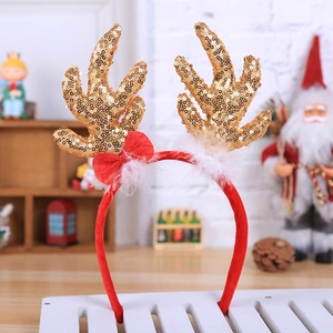 Christmas reindeer antler headband with gold sequins and red velvet bow accessory