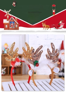 Close-up of Christmas reindeer headband with gold sequins, faux fur and festive ornaments
