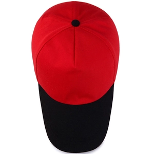 Classic two-tone red baseball cap with a black brim and structured cotton twill design