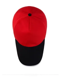 Top view of a two-tone baseball cap in bright red crown and solid black brim detail