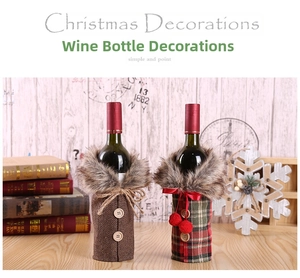 Detail of Christmas wine bottle covers with faux fur collars in plaid and herringbone